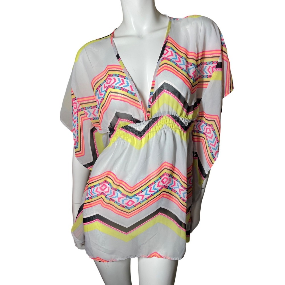 Miken Swim XS Sheer Chevron Print Cover-Up Dress With Elastic Waist NWOT